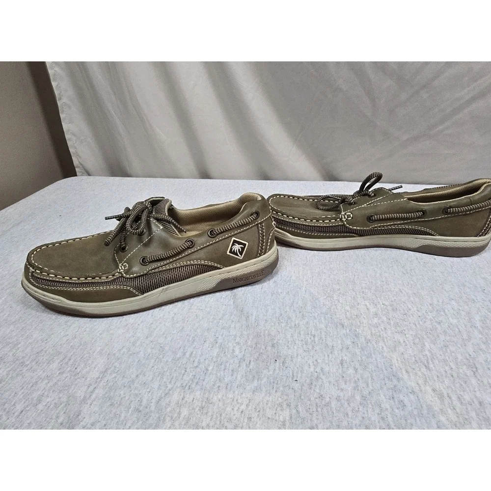 Margaritaville Mens Boat Shoes Size 8 Brown Leather Mesh Loafers Palm Tree Logo